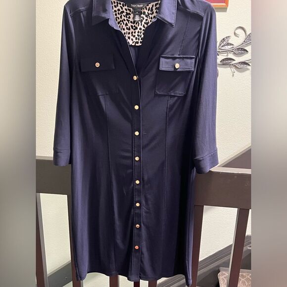 White House Black Market Navy Shirt Dress with Leopard Print Lining Size 10 #058 - Picture 4 of 8